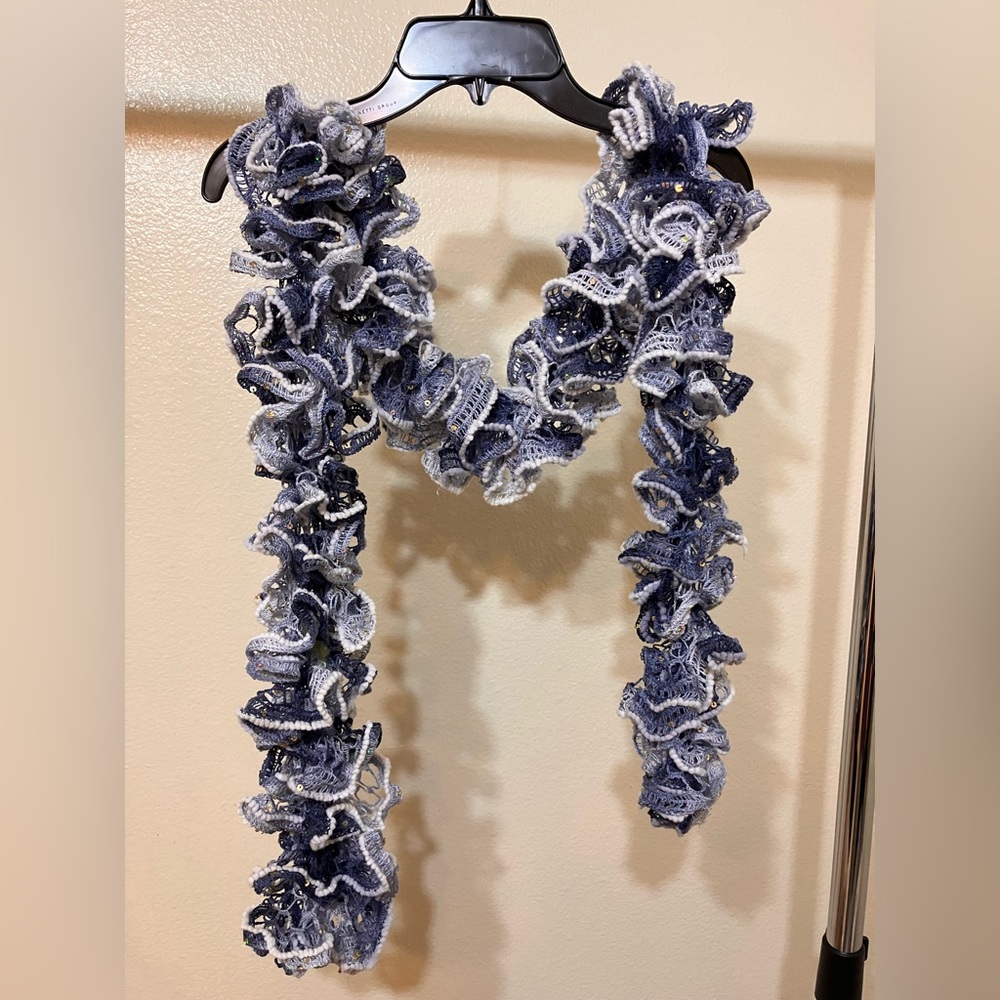 Ruffled sequin Knit Scarf in Blue and White
